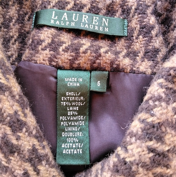 Lauren Ralph Lauren Chocolate Brown & Tan Wool Blend Houndstooth Coat Size 6 - Picture 6 of 6